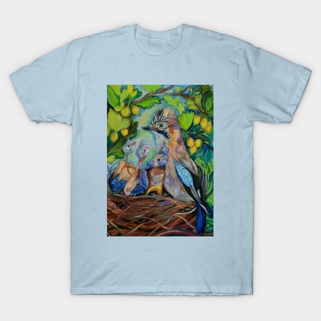 The Family of Jays in the Gooseberry Bushes T-Shirt by mariasibireva